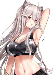  absurdres ahoge animal_ears arm_behind_head arm_up armpits black_sports_bra breasts cleavage commentary dog_tags female grey_eyes grey_hair hair_between_eyes highres hololive large_breasts lion_ears lion_girl long_hair midriff navel nyctea_snow official_alternate_costume official_alternate_hairstyle open_mouth revision shishiro_botan shishiro_botan_(button-down) signature solo sports_bra tail upper_body very_long_hair virtual_youtuber white_background 