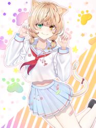  animal_ear_fluff animal_ears bandaid bandaid_on_clothes bandaid_on_leg bandaid_on_tail black_footwear blonde_hair blue_skirt blush cat_ears cat_girl cat_ornament cat_tail claw_pose closed_mouth collarbone commentary female green_eyes hands_up heterochromia highres kana_giri long_sleeves looking_at_viewer low_twintails medium_hair midriff midriff_peek neckerchief orange_eyes original paw_print pleated_skirt red_ribbon ribbon sailor_collar school_uniform serafuku shirt shoes short_twintails skirt smile solo striped striped_background tail twintails white_legwear white_shirt 