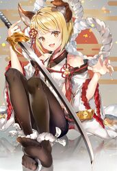  animal_ears backless_outfit black_pantyhose blonde_hair blush braid detached_sleeves dog_ears dog_girl dog_tail erune feet female granblue_fantasy highres japanese_clothes long_sleeves pantyhose short_hair smile soles solo soraneko_hino tail toes vajra_(granblue_fantasy) wide_sleeves yellow_eyes 