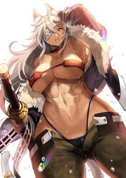  abs animal_ears arm_behind_head arm_up armpits bandeau bare_shoulders belt black_jacket black_panties breasts cat_ears cat_girl cat_tail choker cleavage collarbone crossed_bangs dark-skinned_female dark_skin eyepatch female fur-trimmed_jacket fur_trim ghislaine_dedoldia green_pants grey_hair hair_between_eyes highleg highleg_panties holding holding_sword holding_weapon jacket large_breasts light_rays long_hair looking_at_viewer mushoku_tensei nail_polish navel obliques off_shoulder one-eyed open_belt open_pants panties pants parted_lips red_bandeau red_choker red_eyes scar scar_on_cheek scar_on_face scar_on_stomach sheath sheathed solo stomach sweat sword tail tail_ornament tail_ring tonbo toned underboob underwear very_sweaty weapon 