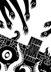  2014 5_fingers ambiguous_gender black_and_white digital_drawing_(artwork) digital_media_(artwork) door dutch_angle feral fingers grass hand_eye hi_res looking_at_viewer monochrome plant restricted_palette rock scp-004-1 scp_foundation silhouette simple_background suckers sunnyclockwork tentacle tentacle_creature white_background 