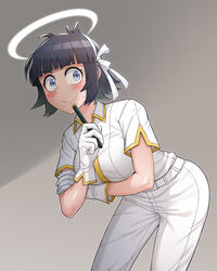  angel azazel_(helltaker) belt bent_over black_hair blue_eyes blunt_bangs blush breasts closed_mouth commentary cowboy_shot female gloves grey_background hair_ribbon halo helltaker highres large_breasts leaning_forward looking_at_viewer pants pen photoshop_(medium) ribbon s-goon shirt short_hair short_sleeves simple_background smile solo thick_eyebrows uniform wavy_mouth white_gloves white_pants white_ribbon white_shirt 