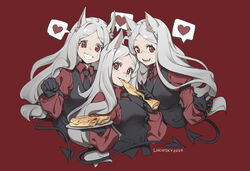  3girls animal_ears arm_garter black_gloves black_tail black_vest cerberus_(helltaker) commentary crepe demon_tail dog_ears english_commentary food gloves grey_hair heart helltaker long_hair long_sleeves looking_at_viewer low-tied_long_hair lucidsky multiple_girls necktie oerba_yun_fang plate red_background red_eyes red_shirt shirt simple_background smile tail triplets upper_body vest waistcoat white_hair 