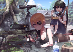  2girls ass bob_cut bug cicada commentary day eating eyepatch food gloves gun helmet highres kirika_sanada_(samaru) meprolight_meslas mosquito_coil multiple_girls onigiri original outdoors pgw_defense_c14_timberwolf_mrsws pocari_sweat pump_action remington_870 rifle samaru_(seiga) school_uniform scope short_hair shorts shotgun shrine sign sniper_rifle tank_top tight_clothes tree trigger_discipline v very_short_hair weapon 