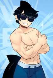  1boy abs biceps black_hair blue_background blue_swim_trunks cowboy_shot d-floe highres male_focus muscular muscular_male original parted_lips pectorals shadow shark_boy shark_fin short_hair smile solo sunglasses thumbs_up topless_male 