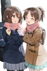  2girls :d ^_^ absurdres aqua_skirt backpack bag black_pantyhose blue_bag blue_coat blue_ribbon blush brown_bag brown_coat brown_eyes brown_hair buttons closed_eyes coat commentary cowboy_shot double-breasted duffel_coat facing_another grey_skirt guitar_case hair_between_eyes hair_ornament hairclip heart heart_print highres hirasawa_ui hirasawa_yui instrument_case k-on! long_sleeves looking_at_another miniskirt mittens multiple_girls neck_ribbon open_mouth pantyhose parted_bangs pentagon_(railgun_ky1206) pink_scarf pleated_skirt purple_mittens ribbon scarf school_bag school_uniform shirt short_hair short_ponytail siblings simple_background single_mitten sisters skirt smile teeth upper_teeth_only white_background white_shirt winter_clothes yellow_mittens 