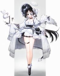  absurdres angel angel_wings asymmetrical_sleeves bad_id bad_pixiv_id belt black_belt black_choker black_footwear black_gloves black_hair black_skirt bow breasts choker coffee_mug collarbone commentary cup dress eyepatch female floating floating_object frills full_body gloves grey_background grey_bow halo heart heart_eyepatch heart_halo heart_o-ring highres layered_sleeves long_hair long_sleeves medium_breasts mug o-ring o-ring_thigh_strap original panprika simple_background skirt sleeves_past_fingers sleeves_past_wrists solo stuffed_animal stuffed_toy teacup teapot teddy_bear thigh_strap white_bow white_dress white_theme wings 