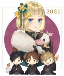  2021 3boys berry_o_t black_gloves black_hair black_kimono blonde_hair blue_eyes blue_kimono bob_cut bow brown_hair chibi chinese_zodiac closed_mouth female fur_collar gloves hairbow haori hiyami_aki holding holding_stuffed_toy inukai_sumiharu japanese_clothes jitome kimono looking_at_viewer multiple_boys ninomiya_masataka seiza short_hair sitting smile stuffed_cow stuffed_toy tsuji_shinnosuke upper_body white_background wide_sleeves world_trigger year_of_the_ox 