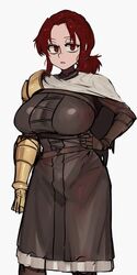  alternate_breast_size breasts brown_tunic elden_ring female hand_on_own_hip large_breasts mano_(manobece) millicent_(elden_ring) ponytail prosthesis prosthetic_arm red_eyes red_hair solo white_background 