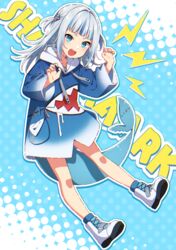  :d blue_eyes blue_hair blue_hoodie blue_nails blue_socks boots commentary drawstring english_text female full_body gawr_gura gawr_gura_(1st_costume) grey_hair hair_ornament halftone halftone_background hands_up highres hololive hololive_english hood hood_down hoodie lightning_bolt_symbol long_hair long_sleeves looking_at_viewer mamyouda multicolored_hair nail_polish sharp_teeth smile socks solo streaked_hair tail teeth text_background two_side_up v-shaped_eyebrows virtual_youtuber white_footwear wide_sleeves 