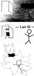  anthro asian_clothing canid canine chinese_clothing clothing door east_asian_clothing eyewear fox head_tuft hi_res looking_back male mammal meme monocle multi_tail omg_hi! relaxing rhonbon smile stick_figure tail tuft 