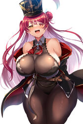  :d bare_shoulders belt black_leotard blush bodystocking breasts cleavage curvy female hair_bun hat heterochromia highres hololive houshou_marine houshou_marine_(marching_band) huge_breasts jacket leotard long_hair multicolored_hair official_alternate_costume official_alternate_hair_length official_alternate_hairstyle open_clothes open_jacket red_eyes red_hair see-through see-through_cleavage shako_cap simple_background single_side_bun smile solo streaked_hair teruwo thick_thighs thighs very_long_hair virtual_youtuber white_background wide_hips yellow_eyes 