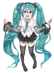  aqua_eyes aqua_hair aqua_nails aqua_ribbon bare_shoulders black_skirt black_sleeves black_thighhighs detached_sleeves female foreshortening from_above full_body hair_ornament hands_up hatsune_miku hatsune_miku_(nt) headphones highres layered_sleeves long_hair miniskirt nail_polish neck_ribbon piapro pleated_skirt ribbon see-through see-through_legwear see-through_sleeves shirt shoulder_tattoo skirt sleeveless sleeveless_shirt solo supo01 tattoo thighhighs twintails very_long_hair vocaloid white_shirt white_sleeves zettai_ryouiki 