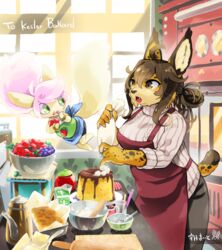  2020 5_fingers anthro apron big_breasts bottomwear bread breasts brown_hair cake clothed clothing dessert duo felid feline female fingers food fruit fully_clothed grape green_eyes hair kemono kettle long_hair mammal open_mouth pants pink_hair plant serval shirt snout standing strawberry tongue tongue_out topwear utsuki_maito 