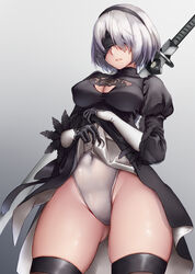  2b_(nier:automata) black_blindfold black_dress black_gloves black_hairband blindfold blush boots breasts cleavage_cutout clothes_lift clothing_cutout covered_eyes covered_navel dress dress_lift feather-trimmed_sleeves female gloves gradient_background grey_background hairband highleg highleg_leotard highres juliet_sleeves katana large_breasts leotard long_sleeves mole mole_under_mouth nier:automata nier_(series) parted_lips puffy_sleeves satou_aji short_hair solo sword thigh_boots thighhighs virtuous_contract weapon white_hair white_leotard 