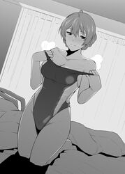  absurdres ahoge bare_legs bare_shoulders barefoot braid braided_bun breasts cleavage commentary_request curtains dutch_angle female greyscale hair_bun highleg highleg_swimsuit highres humiyou idolmaster idolmaster_million_live! idolmaster_million_live!_theater_days indoors kneeling large_breasts looking_at_viewer monochrome off_shoulder on_bed one-piece_swimsuit sakuramori_kaori short_hair solo steaming_body sweat swimsuit two-tone_swimsuit 