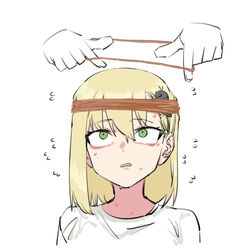  blonde_hair bug commentary disembodied_hand exploding_watermelon_challenge female flying_sweatdrops green_eyes highres matangom matangomu-chan medium_hair original rubber_band rubber_band_around_head sanpaku shirt simple_background solo_focus white_background white_shirt 