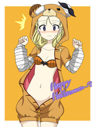  ^^^ animal_hood assam_(girls_und_panzer) bandages bat_ornament bear_hood blonde_hair blue_eyes blush boko_(girls_und_panzer) bra breasts brown_jumpsuit closed_mouth commentary cowboy_shot embarrassed english_text female frown girls_und_panzer groin hair_pulled_back halloween halloween_costume happy_halloween highres hood hood_up hooded_jumpsuit ichinose_jun jumpsuit long_hair long_sleeves looking_at_viewer navel orange_background orange_bra outside_border short_jumpsuit small_breasts solo standing sweatdrop underwear unzipped w_arms 