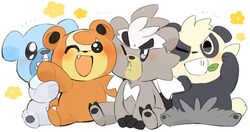  2020 ambiguous_gender black_body black_fur blush brown_body brown_fur cubchoo cute_fangs feral fur generation_2_pokemon generation_5_pokemon generation_6_pokemon generation_8_pokemon group hyaku_(artist) kubfu legendary_pokemon nintendo one_eye_closed pancham pokemon pokemon_(species) semi-anthro sitting teddiursa white_body white_fur wink 