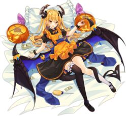  ankle_bow apron ark_order asymmetrical_legwear banknote bed_sheet black_dress black_footwear black_horns black_legwear black_scrunchie blonde_hair blue_bow blue_sash bow bowtie candy collared_dress cup dango_remi demon_horns demon_tail demon_wings dollar_bill dollar_hair_ornament dollar_sign dress drinking_glass ear_piercing female food frilled_apron frilled_legwear frills holding holding_cup horn_ornament horn_scrunchie horns jack-o&#039;-lantern lollipop long_hair mammon_(ark_order) mary_janes mismatched_legwear money official_alternate_costume official_art orange_apron orange_bow orange_bowtie piercing pillow pointy_ears puffy_short_sleeves puffy_sleeves pumpkin sash scrunchie shoes short_sleeves sidelocks single_sock single_thighhigh socks solo tachi-e tail thighhighs transparent_background uneven_legwear very_long_hair white_legwear wine_glass wings 