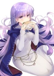  absurdly_long_hair absurdres belly_chain blue_cape blue_dress braid breasts burger cape commission commissioner_upload dated dress eating expressionless female fire_emblem fire_emblem:_the_binding_blade food french_braid fujiwara_minaho highres jewelry long_hair medium_breasts navel purple_eyes purple_hair sitting solo sophia_(fire_emblem) very_long_hair 