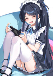  apron aris_(blue_archive) aris_(maid)_(blue_archive) ass black_dress black_footwear blue_archive borrowed_clothes closed_eyes commentary_request couch dress female garter_straps hairband highres konka long_hair maid_headdress nintendo_switch number_print numbered official_alternate_costume on_couch open_mouth panties parted_bangs playing_games ponytail simple_background solo teeth thighhighs tongue underwear upper_teeth_only very_long_hair white_apron white_background white_hairband white_panties white_thighhighs 