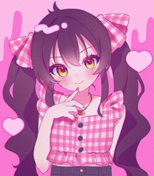  absurdres arm_behind_back black_hair blush crop_top female finger_to_mouth fingernails hair_ribbon halftone_texture head_tilt heart highres idolmaster idolmaster_cinderella_girls long_hair looking_at_viewer matoba_risa nail_polish plaid plaid_ribbon plaid_shirt ribbon shirt smile solo twintails upper_body uu3cm very_long_hair 