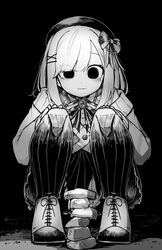  :3 beret cardigan empty_eyes female greyscale hat hatyuuruinohito highres medium_hair monochrome nijisanji pantyhose rock solo squatting striped suzuhara_lulu suzuhara_lulu_(1st_costume) vertical_stripes virtual_youtuber 