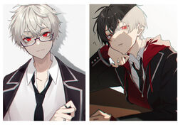  1boy ? black_hair black_jacket black_necktie blazer brown_eyes closed_mouth collarbone collared_shirt commentary_request drawstring eyebrows_hidden_by_hair fujikiri_yana grey_hair hair_between_eyes heterochromia hood hood_down hoodie jacket jacket_on_shoulders kuzuha_(nijisanji) looking_at_viewer male_focus multiple_views necktie nijisanji open_clothes open_jacket parted_lips red_eyes red_hoodie shirt smile virtual_youtuber white_shirt 