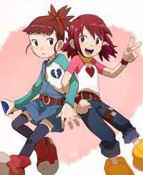  belt black_legwear broken_heart_print brown_eyes brown_hair commentary_request cosplay costume_switch crossover denim digimon digimon_tamers digimon_xros_wars hinomoto_akari jeans makino_ruki multiple_girls open_mouth overalls pants ponytail red_hair shirt short_hair smile t_k_g thighhighs twintails wristband yellow_eyes 