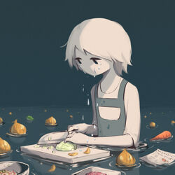  1other afloat androgynous apron aqua_background avogado6 carrot colored_skin commentary crying crying_with_eyes_open cutting cutting_board cutting_onions food holding holding_knife knife liquid looking_down meat no_mouth onion original recipe_(object) shirt short_hair solid_oval_eyes solo tears translated wading white_hair white_shirt white_skin 