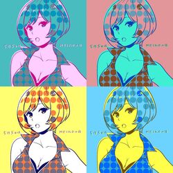  aqua_background black_bra blue_background bra breasts cleavage collarbone commentary crop_top date_pun female head_tilt highres kirita_asami looking_at_viewer meiko_(vocaloid) midriff number_pun open_mouth pink_background polka_dot short_hair underwear upper_body variations vocaloid yellow_background zipper 