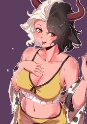  :p absurdres animal_ears animal_print bare_shoulders black_hair blush breasts brown_eyes chinese_commentary cleavage collarbone commentary cow_ears cow_girl cow_horns cow_print cowboy_shot crop_top fangs female groin hand_on_own_chest hand_up haori highres horns japanese_clothes large_breasts long_sleeves looking_at_viewer midriff multicolored_hair navel off_shoulder outline purple_background red_horns revision short_hair simple_background skirt skirt_set smile solo spaghetti_strap split-color_hair sports_bra stomach tongue tongue_out touhou tuck_(tuck23978434) two-tone_hair ushizaki_urumi white_hair white_outline wide_sleeves yellow_skirt yellow_sports_bra 