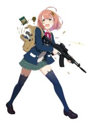  absurdres ahoge ak-15 animal_ear_legwear assault_rifle blazer brown_hair cat_ear_legwear commentary drink explosive female field_ration flower full_body green_eyes grenade gun hair_flower hair_ornament highres holding holding_gun holding_weapon honma_himawari ichinose_rokujou jacket kalashnikov_rifle loafers nijisanji open_mouth plaid plaid_skirt playerunknown&#039;s_battlegrounds pleated_skirt rifle school_uniform shoes short_hair skirt sunflower sweatdrop thighhighs transparent_background virtual_youtuber weapon zettai_ryouiki 