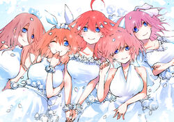  5girls bare_shoulders blue_eyes bracelet breasts brown_hair collarbone commentary_request crossed_arms dress earrings flower go-toubun_no_hanayome hair_between_eyes hair_ornament hair_ribbon halterneck highres jewelry large_breasts long_hair lying marcey multiple_girls nakano_ichika nakano_itsuki nakano_miku nakano_nino nakano_yotsuba on_back one_eye_closed orange_hair pink_hair quintuplets red_hair ribbon ring short_hair siblings sisters smile star_(symbol) star_hair_ornament wedding_dress wedding_ring white_ribbon 