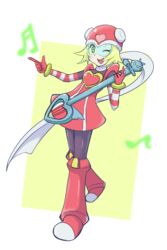  blonde_hair bluesterw female female full_body gloves green_eyes harp_note heart helmet hibiki_misora highres holding holding_instrument index_finger_raised instrument musical_note one_eye_closed open_mouth pink_footwear pink_gloves rockman ryuusei_no_rockman scarf short_hair smile 