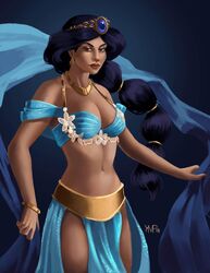  1girls aladdin arabian belly belly_dancer belly_dancer_outfit black_hair brown_eyes circlet cleavage dancer dancer_outfit disney disney_princess female harem_girl harem_outfit kpatoni large_breasts loincloth long_hair looking_at_viewer navel princess_jasmine royalty voluptuous 