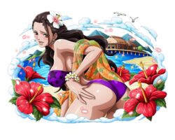  adjusting_clothes adjusting_swimsuit ass beach bikini black_hair bodskih breasts brown_eyes commentary day earrings english_commentary female flower hair_flower hair_ornament hibiscus jewelry large_breasts leaning_forward long_hair looking_at_viewer looking_back ocean official_alternate_costume one_piece one_piece_treasure_cruise outdoors purple_bikini red_flower see-through shiny_skin sideboob solo standing strapless strapless_bikini swimsuit transparent_background very_long_hair viola_(one_piece) white_flower 