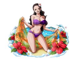  :d barefoot bikini black_hair bodskih breasts brown_eyes cleavage collarbone commentary earrings english_commentary female flower groin hair_flower hair_ornament head_tilt hibiscus holding jewelry kneeling large_breasts long_hair navel official_alternate_costume one_piece one_piece_treasure_cruise open_mouth purple_bikini red_flower shiny_skin smile solo strapless strapless_bikini swimsuit transparent transparent_background very_long_hair viola_(one_piece) white_flower 