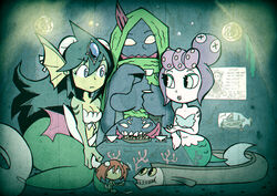  1930s_(style) 4girls black_eyes bloodstained:_ritual_of_the_night blue_eyes breasts bun_cover cala_maria_(cuphead) cleavage commentary crossover cup cuphead_(game) double_bun eel fins flat_chest forehead_jewel giant giantess giga_mermaid green_hair hair_bun head_fins mermaid monster_girl mother_and_daughter multiple_crossover multiple_girls no_pupils octopus photoshop_(medium) purple_hair setz shantae:_half-genie_hero shantae_(series) small_breasts species_connection submerged tea_party teacup tentacle_hair trait_connection underwater vepar_(bloodstained) 