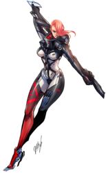  blue_eyes bodysuit breasts commentary_request cyborg dark-skinned_female dark_skin dataglitch extra_arms female full_body glaive_(polearm) hair_over_one_eye highres lips long_hair medium_breasts metal_gear_(series) metal_gear_rising:_revengeance mistral_(metal_gear_rising) pink_hair polearm solo weapon white_background 