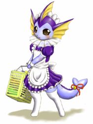 3:4 accessory alternative_fashion anthro anthrofied apron basket bell bell_on_tail biped black_nose black_sclera blue_body blue_skin blue_tail blush brown_eyes clothed clothing container dark_eyes dress ear_fins ear_frill eeveelution female fin fin_frill flukes frill_(anatomy) frilly frilly_apron frilly_clothing frilly_dress fuddy furgonomics generation_1_pokemon green_eyes hat head_crest head_fin head_frill headgear headwear holding_object j-fashion legwear lolita_(fashion) looking_at_viewer maid_uniform membrane_(anatomy) membranous_frill monotone_apron monotone_body monotone_clothing monotone_skin monotone_tail multicolored_clothing multicolored_dress neck_frill nintendo pokemon pokemon_(species) pokemorph purple_clothing purple_dress purple_ear_fins purple_fin purple_head_fin ribbons simple_background small_mouth small_nose solo standing stockings tail tail_accessory tail_ribbon thigh_highs two_tone_clothing two_tone_dress uniform vaporeon white_apron white_background white_clothing white_dress white_frill white_legwear white_neck_frill white_stockings white_thigh_highs yellow_ear_frill yellow_frill yellow_head_frill