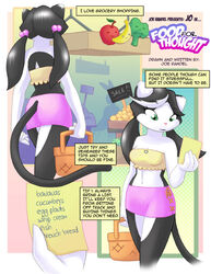 anthro bare_shoulders black_hair bottomwear breasts cats_n&#039;_cameras cleavage clothed clothing comic cover cover_art cover_page crop_top digital_media_(artwork) domestic_cat dotted_background english_text felid feline felis female first_page food food_for_thought green_eyes hair joe_randel josephine_rodgers long_tail mammal midriff miniskirt navel pattern_background public shirt simple_background skimpy skirt solo tail text topwear twintails y2k_(fashion)