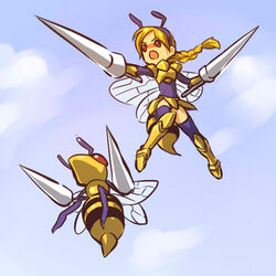 1:1 alternate_species antennae_(anatomy) armor arthropod beady_eyes beedrill biped black_body black_exoskeleton black_eyebrows blonde_hair blue_sky boob_armor braided_hair breastplate clothed clothing cloud cosplay costume day duo exoskeleton eyebrows fake_antennae fake_stinger fake_wings female feral flying footwear generation_1_pokemon gold_(metal) gold_armor gold_clothing gold_footwear hair hitec human humanized hymenopteran insect_wings insects legwear long_hair mammal mini_me multicolored_body multicolored_exoskeleton nintendo on_model open_mouth outside plate_armor pokemon pokemon_(species) pokemon_costume purple_antennae purple_clothing purple_legwear purple_topwear red_eyes sky skyscape stinger striped_body striped_exoskeleton stripes tan_body tan_ears tan_skin thin_eyebrows topwear two_tone_body two_tone_exoskeleton white_stinger wings yellow_body yellow_exoskeleton yellow_stinger