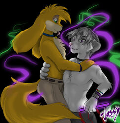 anthro blacklight canid canine canis clothed clothing collar dancing domestic_dog duo eye_contact felid glowstick glowsticking green_eyes hair hybrid liger lion looking_at_another male male/male mammal pantherine purple_eyes rave raver romantic romantic_couple short_hair tail tassy_(artist) tongue topless