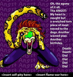 2000 angst anthro barefoot biped birthday bottomwear clothing digital_media_(artwork) drama english_text eye_bulge feet felid female gaping_mouth glistening green_sclera jaguar mammal open_mouth panicking pantherine pants purple_bottomwear purple_clothing purple_topwear shirt solo tail text text_background topwear xianjaguar