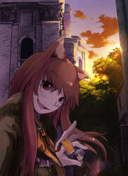 animal_humanoid architecture bsan canid canid_humanoid canine canine_humanoid canis detailed_background digital_media_(artwork) digital_painting_(artwork) duo fangs female forced_perspective holo_(spice_and_wolf) humanoid kraft_lawrence male mammal mammal_humanoid solo_focus spice_and_wolf sunset teeth wolf wolf_humanoid