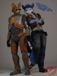  3:4 3d_(artwork) absurd_res alyx_vance anthro biped blender_(artwork) blue_body blue_fur blue_hair canid canine canis clothed clothing cosplay crossover crossover_cosplay crowbar digital_media_(artwork) duo english_text female fox fox_mccloud fur gordon_freeman hair half-life hev_suit hi_res holding_crowbar krystal_(star_fox) male male/female mammal nintendo rosecreates simple_background smile smirk star_fox tail text tools topwear valve warfare_fox warfare_krystal warfare_machine weapon white_body white_fur 