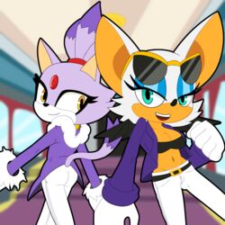  1:1 2023 anthro bat blaze_the_cat breasts cleavage clothed clothing duo eyeshadow eyewear eyewear_on_head felid feline female fur hi_res makeup mammal navel purple_body purple_fur rouge_the_bat sega smile sonic_the_hedgehog_(series) sunglasses sunglasses_on_head the_murder_of_sonic_the_hedgehog weirdkoaladream white_body white_fur 