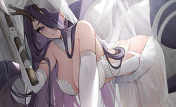  antlers asymmetrical_horns axe azur_lane blush breasts chinese_commentary cleavage clothing_cutout commentary_request detached_collar detached_sleeves dress elbow_gloves female gloves golden_hind_(azur_lane) golden_hind_(forlorn_femme_fatale)_(azur_lane) hair_over_one_eye hanging_breasts highres holding holding_axe horns large_breasts leaning_forward long_dress long_hair looking_at_viewer mole mole_under_mouth official_alternate_costume purple_eyes purple_hair qing_wu reindeer_antlers see-through see-through_dress shoulder_cutout smile solo tentacle very_long_hair white_dress white_gloves 